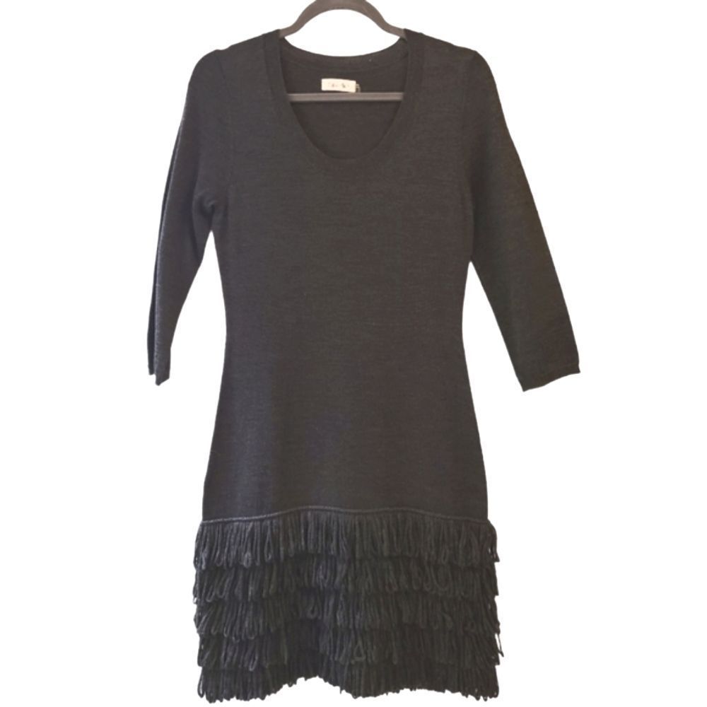 Calvin Klein Gray Wool Blend Fringe Bottom Sweater Dress